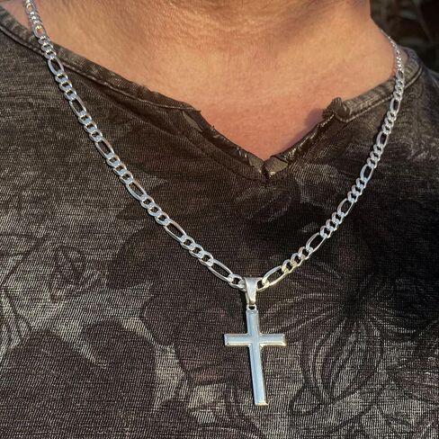 High Polished Solid Sterling Silver Cross Necklace with Figaro Chain For Men in Saudi Arabia