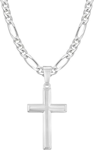 High Polished Solid Sterling Silver Cross Necklace with Figaro Chain For Men in Saudi Arabia
