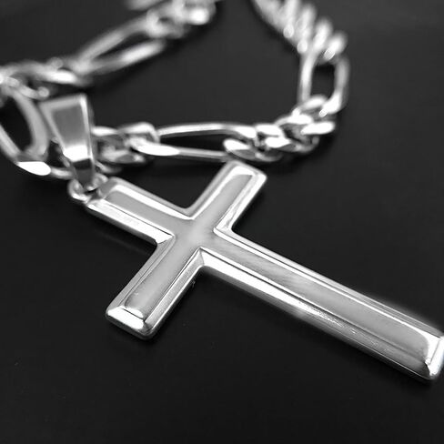 High Polished Solid Sterling Silver Cross Necklace with Figaro Chain For Men in Saudi Arabia