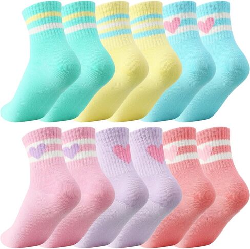 Shihanee 12 Pairs Socks for Girls Kids Pink Crew Athletic Socks with Stripes Heart 6-12 Years Old Cotton Girls Crew Sock in Saudi Arabia