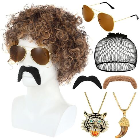 Mepase 7 Set 70s 80s Disco Wig with Mustache Glasses Fully Roaring Tiger Disco Necklace Golden Pendant Chain Short Curly Hair Afro Men Wig for 70s 80s Hip Hop Costume Halloween Cosplay Use in Saudi Arabia