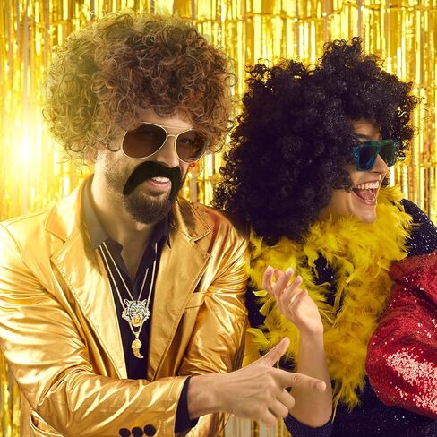 Mepase 7 Set 70s 80s Disco Wig with Mustache Glasses Fully Roaring Tiger Disco Necklace Golden Pendant Chain Short Curly Hair Afro Men Wig for 70s 80s Hip Hop Costume Halloween Cosplay Use in Saudi Arabia