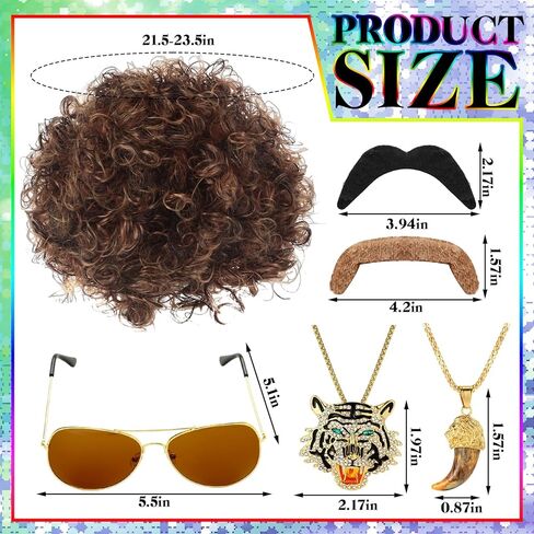 Mepase 7 Set 70s 80s Disco Wig with Mustache Glasses Fully Roaring Tiger Disco Necklace Golden Pendant Chain Short Curly Hair Afro Men Wig for 70s 80s Hip Hop Costume Halloween Cosplay Use in Saudi Arabia
