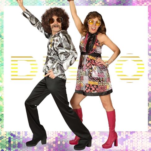 Mepase 7 Set 70s 80s Disco Wig with Mustache Glasses Fully Roaring Tiger Disco Necklace Golden Pendant Chain Short Curly Hair Afro Men Wig for 70s 80s Hip Hop Costume Halloween Cosplay Use in Saudi Arabia