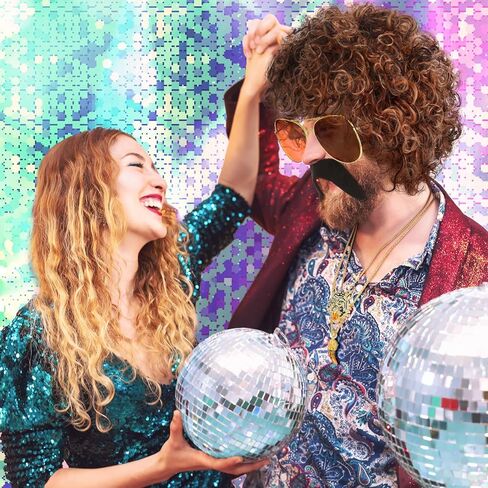 Mepase 7 Set 70s 80s Disco Wig with Mustache Glasses Fully Roaring Tiger Disco Necklace Golden Pendant Chain Short Curly Hair Afro Men Wig for 70s 80s Hip Hop Costume Halloween Cosplay Use in Saudi Arabia