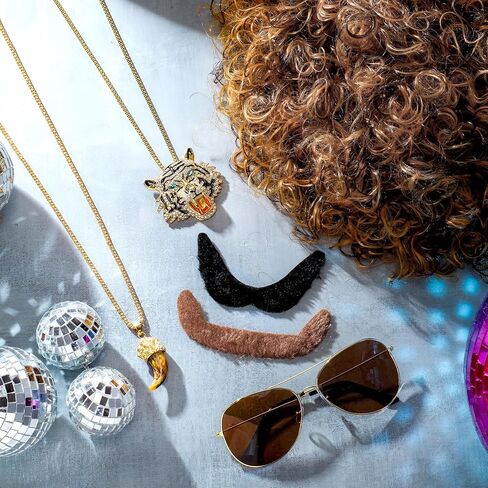 Mepase 7 Set 70s 80s Disco Wig with Mustache Glasses Fully Roaring Tiger Disco Necklace Golden Pendant Chain Short Curly Hair Afro Men Wig for 70s 80s Hip Hop Costume Halloween Cosplay Use in Saudi Arabia