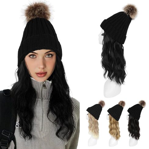 HOOJIH Knitted Beanie Wig, Hat Hair Extension Long Wavy Curly Black Hat Wig with Faux Fur Pom Attached 12 Inch Synthetic Hairpiece for Women Girls Winter - Light Brown with Medium Golden Blonde in Saudi Arabia