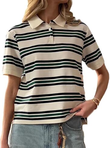 Women Vintage Collared Neck Short Sleeve Striped Polo Shirt Y2k Loose Fit Button Up Color Block T-Shirt Streetwear in Saudi Arabia