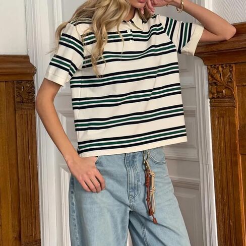 Women Vintage Collared Neck Short Sleeve Striped Polo Shirt Y2k Loose Fit Button Up Color Block T-Shirt Streetwear in Saudi Arabia