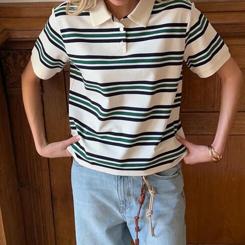 Women Vintage Collared Neck Short Sleeve Striped Polo Shirt Y2k Loose Fit Button Up Color Block T-Shirt Streetwear in Saudi Arabia