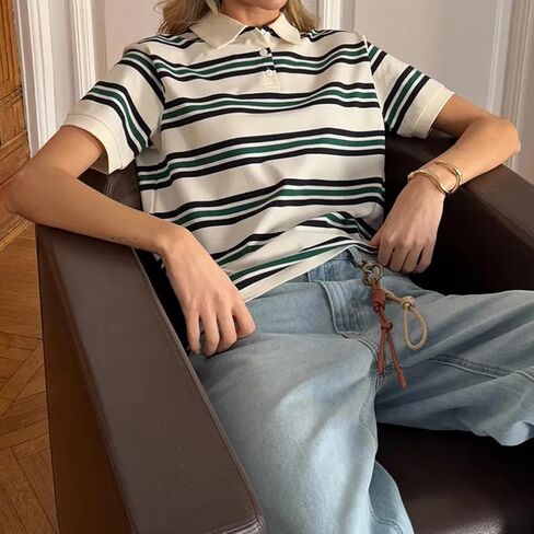 Women Vintage Collared Neck Short Sleeve Striped Polo Shirt Y2k Loose Fit Button Up Color Block T-Shirt Streetwear in Saudi Arabia