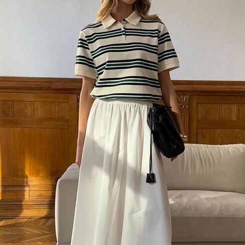 Women Vintage Collared Neck Short Sleeve Striped Polo Shirt Y2k Loose Fit Button Up Color Block T-Shirt Streetwear in Saudi Arabia