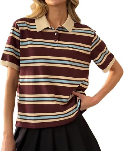 Women Vintage Collared Neck Short Sleeve Striped Polo Shirt Y2k Loose Fit Button Up Color Block T-Shirt Streetwear in Saudi Arabia