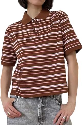 Women Vintage Collared Neck Short Sleeve Striped Polo Shirt Y2k Loose Fit Button Up Color Block T-Shirt Streetwear in Saudi Arabia