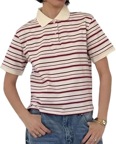 Women Vintage Collared Neck Short Sleeve Striped Polo Shirt Y2k Loose Fit Button Up Color Block T-Shirt Streetwear in Saudi Arabia