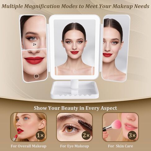 Makeup Mirror Vanity Mirror with Lights, 3 Color Lighting Modes, 1X/2X/3X Magnification, Tri-fold, 360° Rotation, Phone Holder for Makeup, 2000mAh Rechargeable, Bedroom, Bathroom, (White) in Kuwait