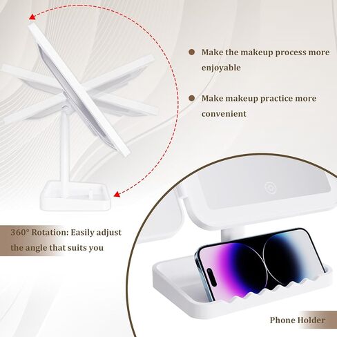 Makeup Mirror Vanity Mirror with Lights, 3 Color Lighting Modes, 1X/2X/3X Magnification, Tri-fold, 360° Rotation, Phone Holder for Makeup, 2000mAh Rechargeable, Bedroom, Bathroom, (White) in Kuwait