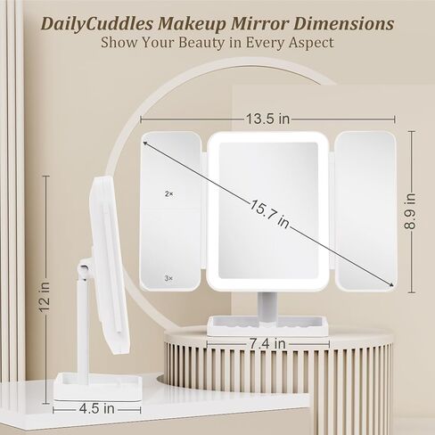 Makeup Mirror Vanity Mirror with Lights, 3 Color Lighting Modes, 1X/2X/3X Magnification, Tri-fold, 360° Rotation, Phone Holder for Makeup, 2000mAh Rechargeable, Bedroom, Bathroom, (White) in Kuwait