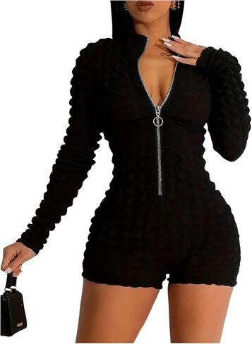 بدلة قفز نسائية WDIRARA بسحاب علوي Bodycon رومبير بأكمام طويلة منسوجة من Unitards in Kuwait