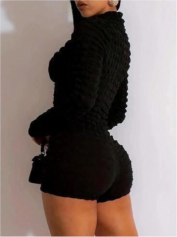 بدلة قفز نسائية WDIRARA بسحاب علوي Bodycon رومبير بأكمام طويلة منسوجة من Unitards in Kuwait