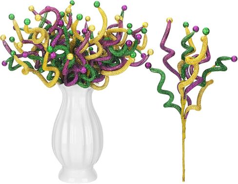 Zeyune 6 Pcs Mardi Gras Decoration 17.7 Inch Mardi Gras Purple Green and Gold Twigs Decoration Mardi Gras Picks Artificial Branches Decoration for Mardi Gras Arrangements Wreaths and Centerpieces in Kuwait