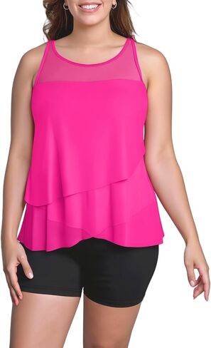 Womens Plus Size Tummy Control Tankini Swimsuits, High Neck Mesh Layered Bathing Suits, Modest Shorts Swimwear 2025 in Saudi Arabia