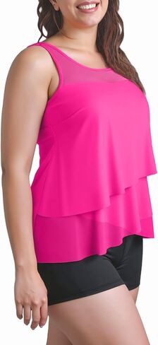 Womens Plus Size Tummy Control Tankini Swimsuits, High Neck Mesh Layered Bathing Suits, Modest Shorts Swimwear 2025 in Saudi Arabia