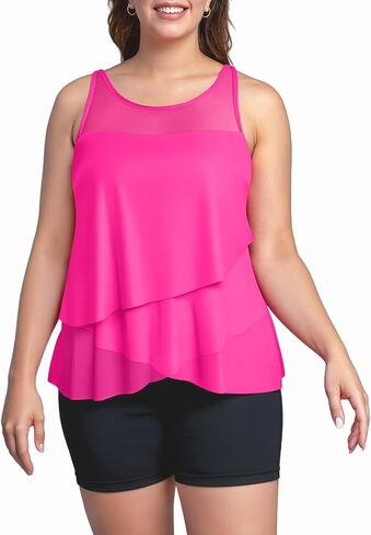 Womens Plus Size Tummy Control Tankini Swimsuits, High Neck Mesh Layered Bathing Suits, Modest Shorts Swimwear 2025 in Saudi Arabia