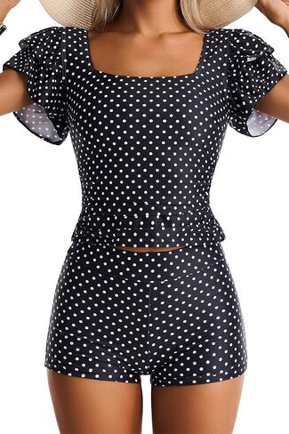 Tankini Swimsuits for Women Tummy Control Two Piece Bathing Suit Full Coverage Ruffle Top with Shorts in Kuwait
