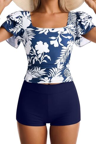 Tankini Swimsuits for Women Tummy Control Two Piece Bathing Suit Full Coverage Ruffle Top with Shorts in Kuwait