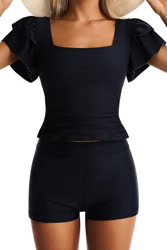 Tankini Swimsuits for Women Tummy Control Two Piece Bathing Suit Full Coverage Ruffle Top with Shorts in Kuwait