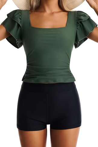 Tankini Swimsuits for Women Tummy Control Two Piece Bathing Suit Full Coverage Ruffle Top with Shorts in Kuwait