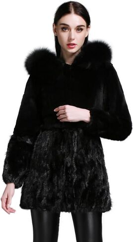 Women's Real Rex Rabbit Fluffy Coat Mink Fur Cuffs and Hem with Fox Fur Trim Hood Winter Overcoat Long Jacket in Saudi Arabia