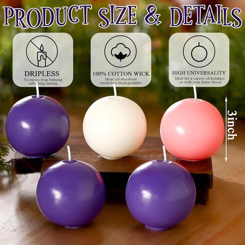 5 Pcs Christmas Advent Candle Set 3 Inch Wax Round Ball Candles Purple White Pink for Advent Rings, Wreaths, Holidays, Celebrations, Devotional, Church, Party, Home Decor in Saudi Arabia
