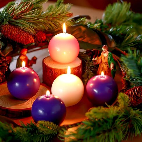 5 Pcs Christmas Advent Candle Set 3 Inch Wax Round Ball Candles Purple White Pink for Advent Rings, Wreaths, Holidays, Celebrations, Devotional, Church, Party, Home Decor in Saudi Arabia