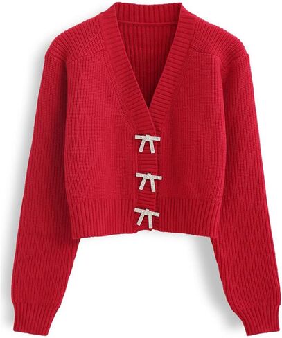 CHICWISH Women Crop Cardigan Sweaters Bowknot Brooch Button Knit Cardigans Open Front Long Sleeves Sweater Tops in Saudi Arabia