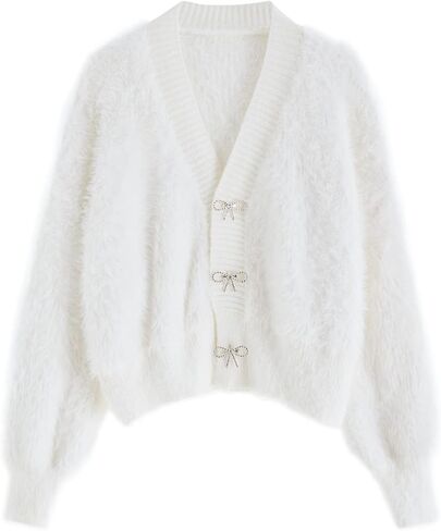 CHICWISH Women Crop Cardigan Sweaters Bowknot Brooch Button Knit Cardigans Open Front Long Sleeves Sweater Tops in Saudi Arabia
