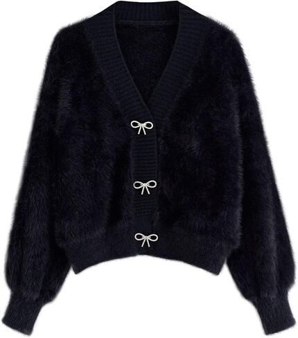 CHICWISH Women Crop Cardigan Sweaters Bowknot Brooch Button Knit Cardigans Open Front Long Sleeves Sweater Tops in Saudi Arabia