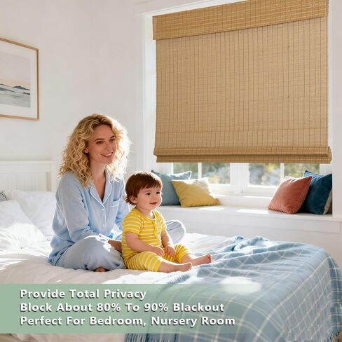 Cordless Bamboo Roman Shades with Beige Blackout Liner, Woven Wood Roman Blinds, Blackout Natural Blinds for Windows, Doors, Thrush, 34" W x 48" H in Saudi Arabia