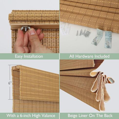 Cordless Bamboo Roman Shades with Beige Blackout Liner, Woven Wood Roman Blinds, Blackout Natural Blinds for Windows, Doors, Thrush, 34" W x 48" H in Saudi Arabia