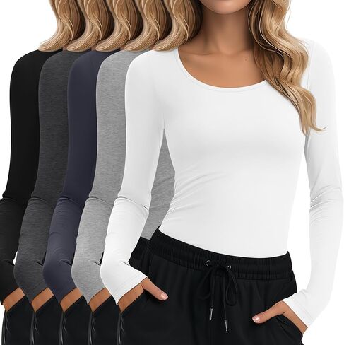 5 Pack Underscrub for Women Long Sleeve Shirts Fitted Scoop Neck Tops Basic Layering Tee Knit Tops for Nurse in Saudi Arabia