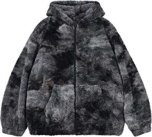 Verdusa Men's Fuzzy Jacket Tie Dye Zip Up Long Sleeve Hooded Jackets Teddy Coat Outerwear in Saudi Arabia