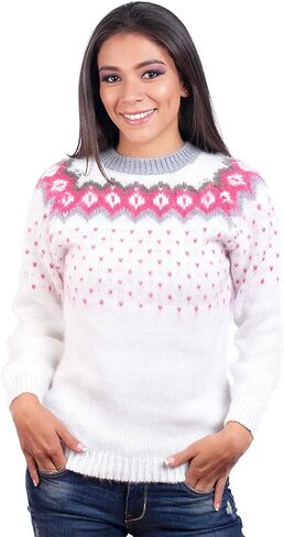 Fair Isle Sweater, White with Pink Hearts Pattern, Alpaca Wool, Crew Neck, Long Sleeve, Winter Wear in Saudi Arabia