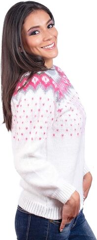Fair Isle Sweater, White with Pink Hearts Pattern, Alpaca Wool, Crew Neck, Long Sleeve, Winter Wear in Saudi Arabia