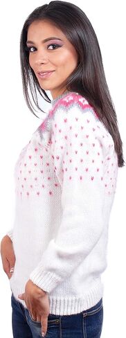 Fair Isle Sweater, White with Pink Hearts Pattern, Alpaca Wool, Crew Neck, Long Sleeve, Winter Wear in Saudi Arabia