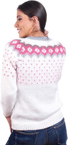 Fair Isle Sweater, White with Pink Hearts Pattern, Alpaca Wool, Crew Neck, Long Sleeve, Winter Wear in Saudi Arabia