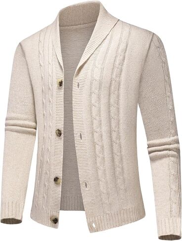 Lamgool Men's Shawl Collar Cardigan Sweater Slim Fit Cable Knit Casual Button Down Sweaters for Fall Winter in Saudi Arabia