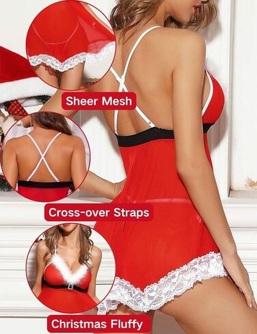 Women Christmas Lingerie Sexy Santa Fishnet Teddy Naughty Babydoll Bodysuits 3 Piece Bra and Miniskirt+G-string in Saudi Arabia