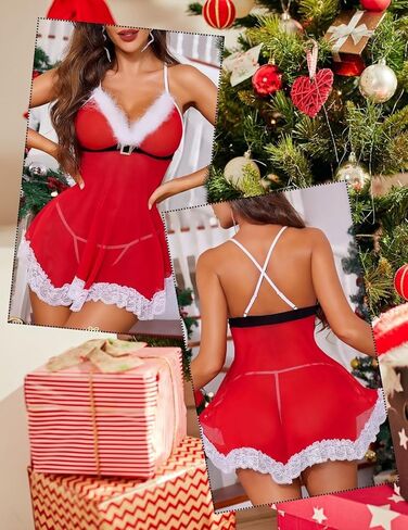 Women Christmas Lingerie Sexy Santa Fishnet Teddy Naughty Babydoll Bodysuits 3 Piece Bra and Miniskirt+G-string in Saudi Arabia