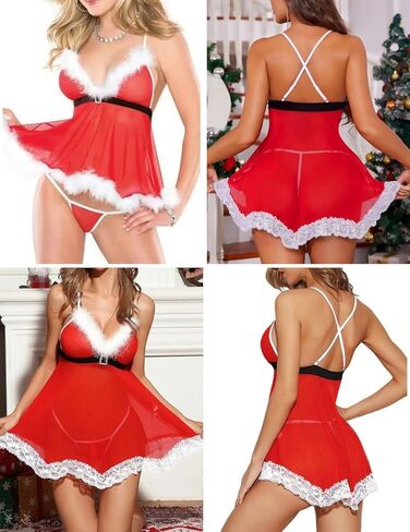 Women Christmas Lingerie Sexy Santa Fishnet Teddy Naughty Babydoll Bodysuits 3 Piece Bra and Miniskirt+G-string in Saudi Arabia